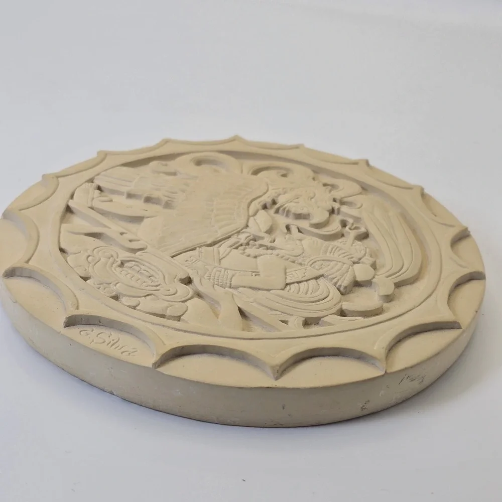 Vintage G. Silva Mayan Aztec Relief Wall Plaque Cast‎ Stone Chalkware Art 6.5